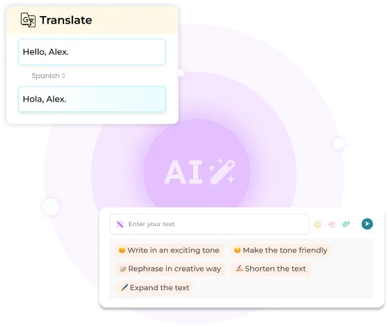 AI interface suggesting a translation feature for text about Maya's progress in math, displayed in different languages.