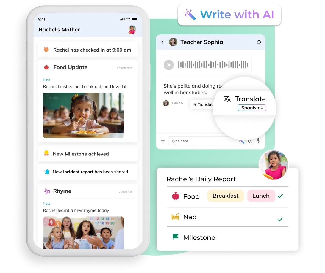 Illumine childcare management software interface showing real-time updates, voice note communication, and AI-powered features for seamless parent-teacher interaction