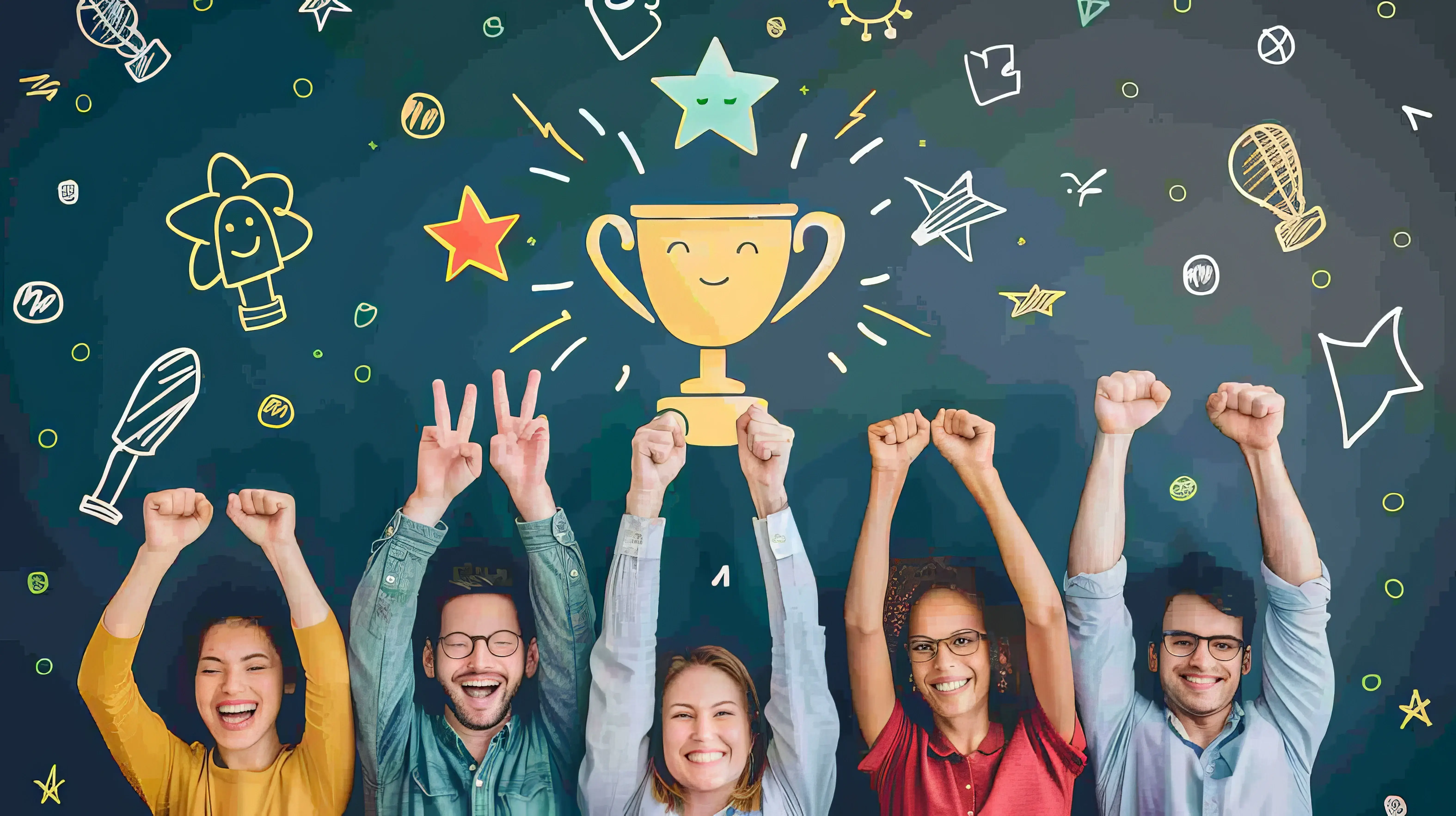 A group of people holding up a trophy in front of a colorful wall
